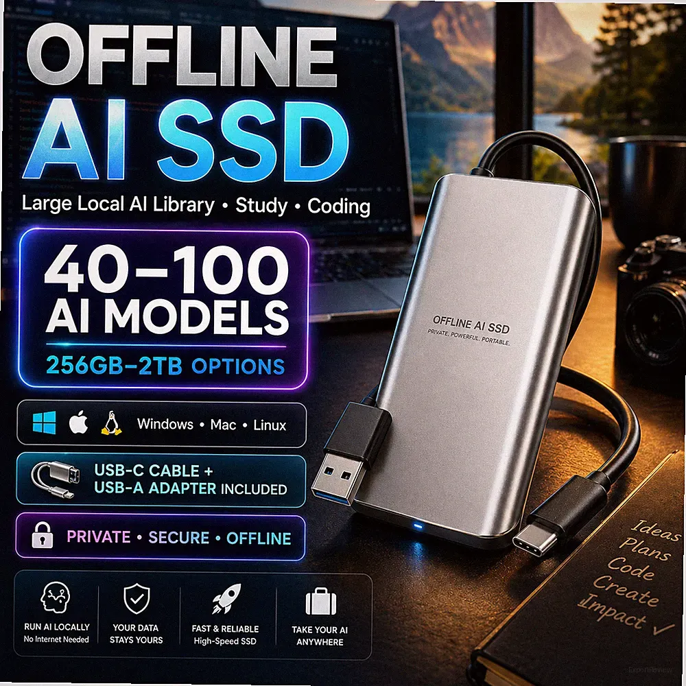 Offline AI SSD External Drive 40-100 Models USB-C Windows Mac Linux 256GB-2TB